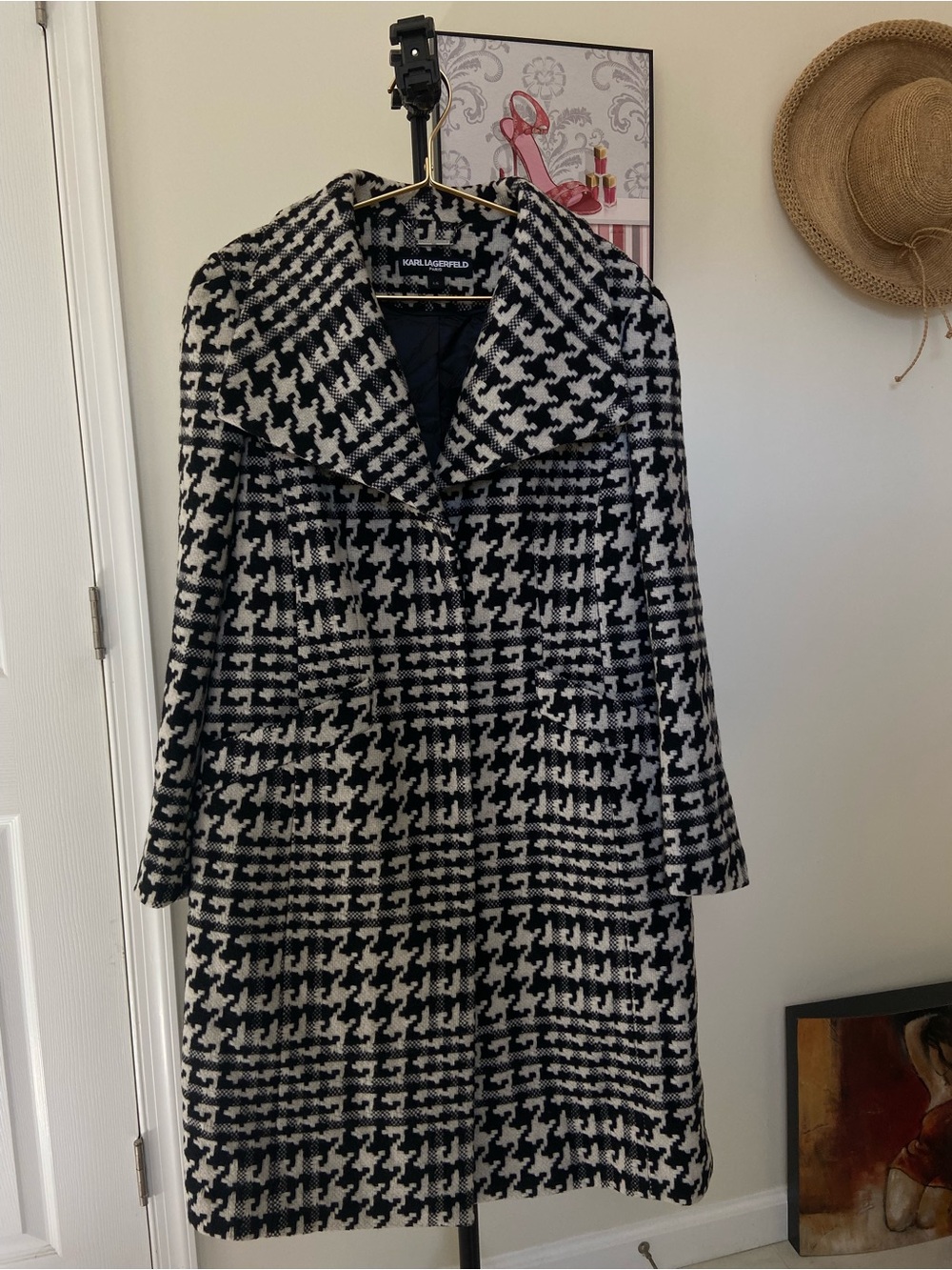 Karl Lagerfeld Wool Blend Black and White Houndstooth Long Sleeve Coat Dress